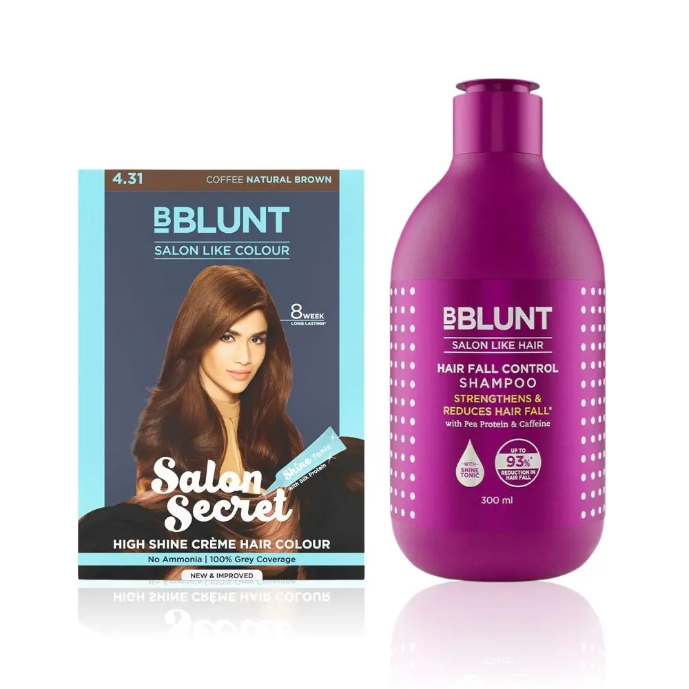 BBlunt Salon Secret High Shine Creme Hair Colour Coffee Natural Brown (152 ml) + BBLUNT Hair Fall Control Shampoo with Pea Protein & Caffeine for Stronger Hair (300 ml)