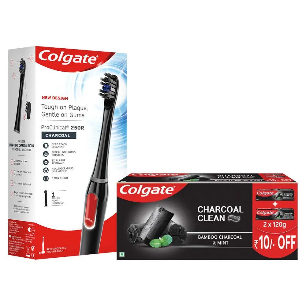 Colgate ProClinical 250R Charcoal Electric Toothbrush and Charcoal Clean Toothpaste Saver Pack