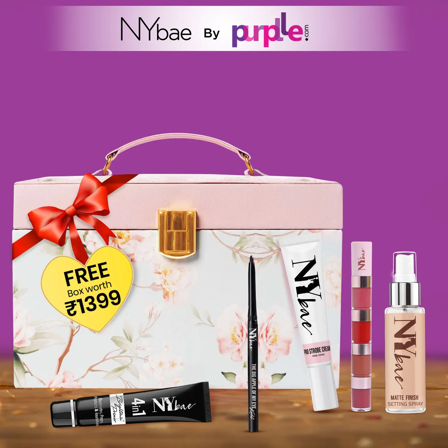 NY Bae By Purplle - Wedding Kit | Strobe Cream | Kajal | Primer | Setting Spray | Lipstick | Free Make Up Box | Gift Set of 6