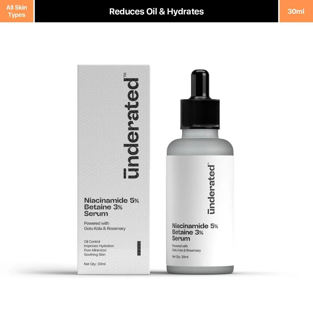 UNDERATED 5% Niacinamide & 3% Betaine Serum Powered with Gotu Kola & Rosemary for Reducing Excess Oil, Improving Hydaration, Minimlising Pores, and Soothing Skin | 30ml