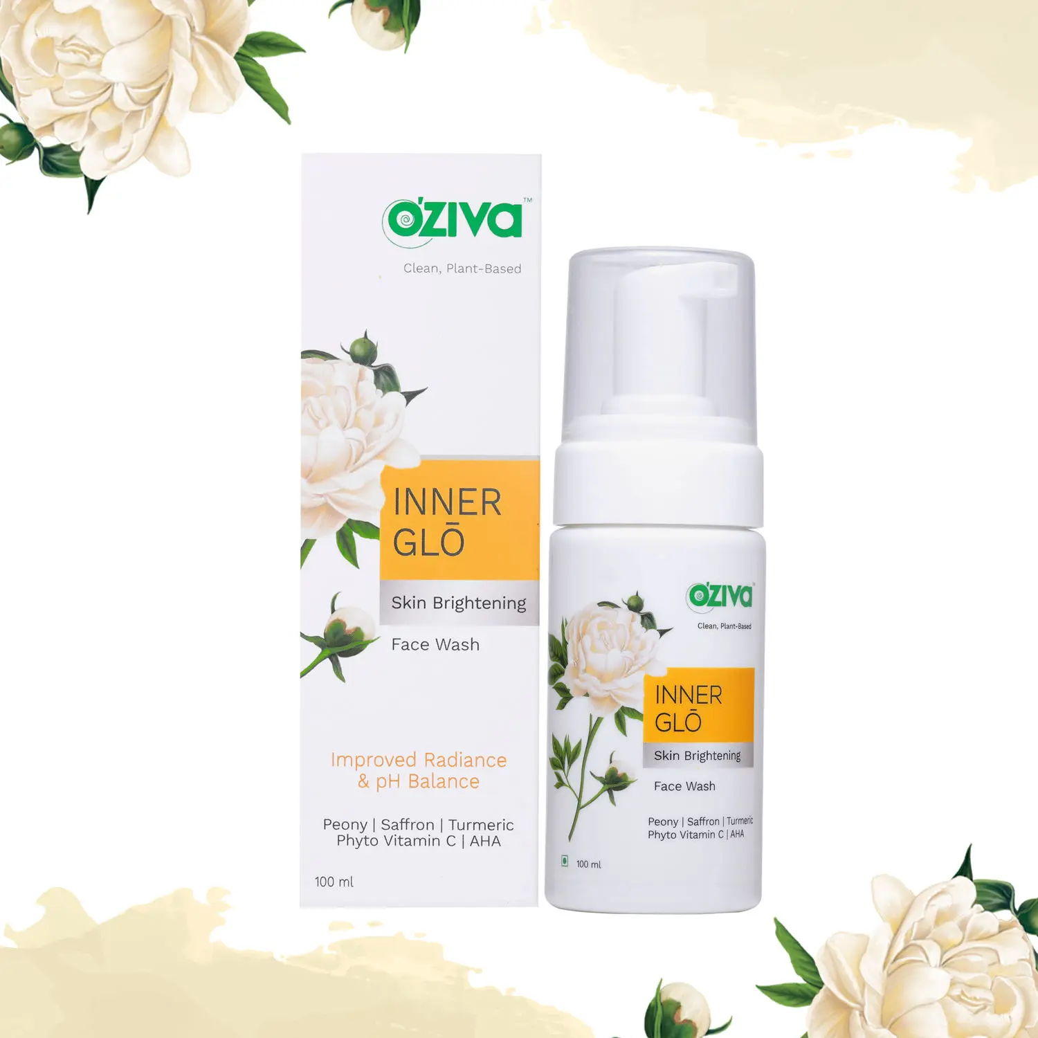 OZiva Inner Glo Skin Brightening Face Wash (with Peony,Saffron,Turmeric,Phyto Vitamin C,AHA) for Improved Radiance & PH Balance