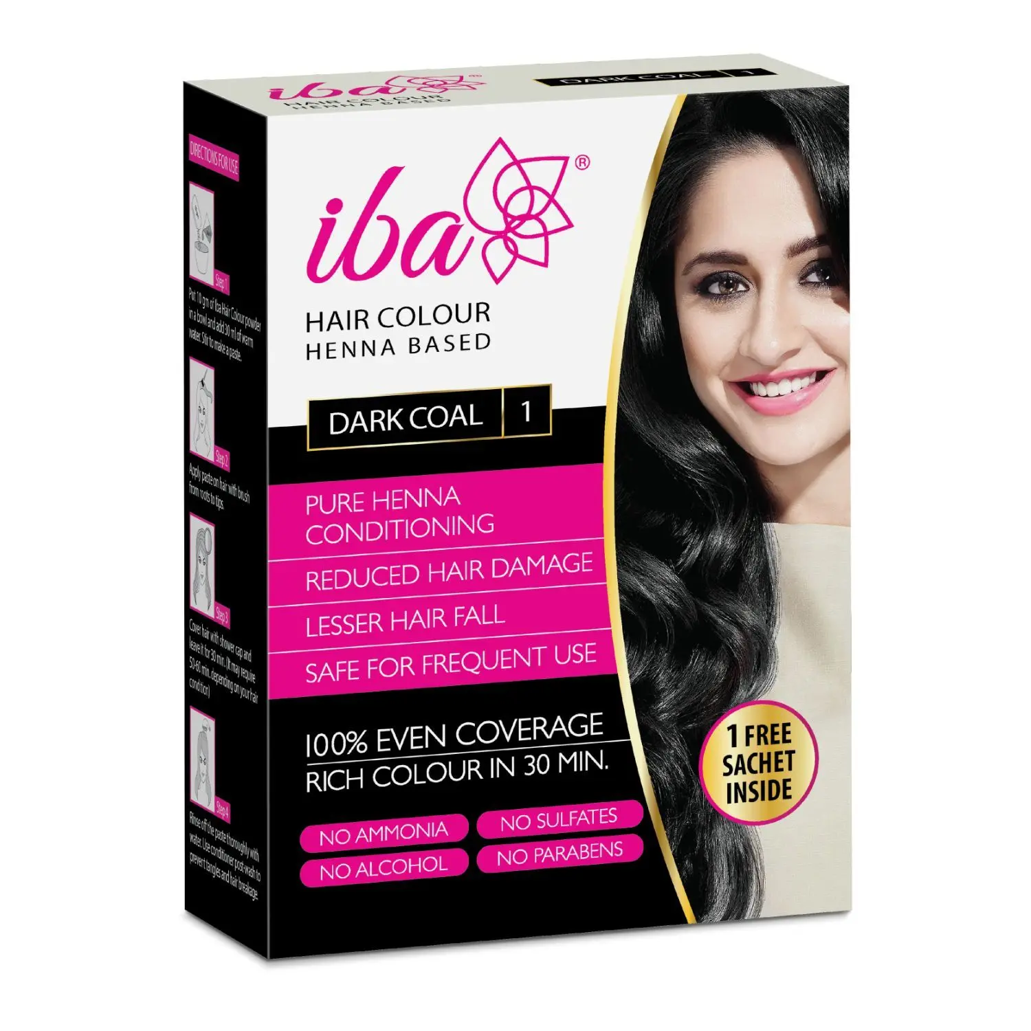 Iba Hair Color - Dark Coal, 70g | 100% Pure Henna Based Powder Sachet | Naturally Coloured Hair & Long Lasting | Conditioning | Reduced Hair fall & Hair Damage | Shine & Nourish Hair | Paraben, Chemical, Ammonia & Sulphate Free Formula