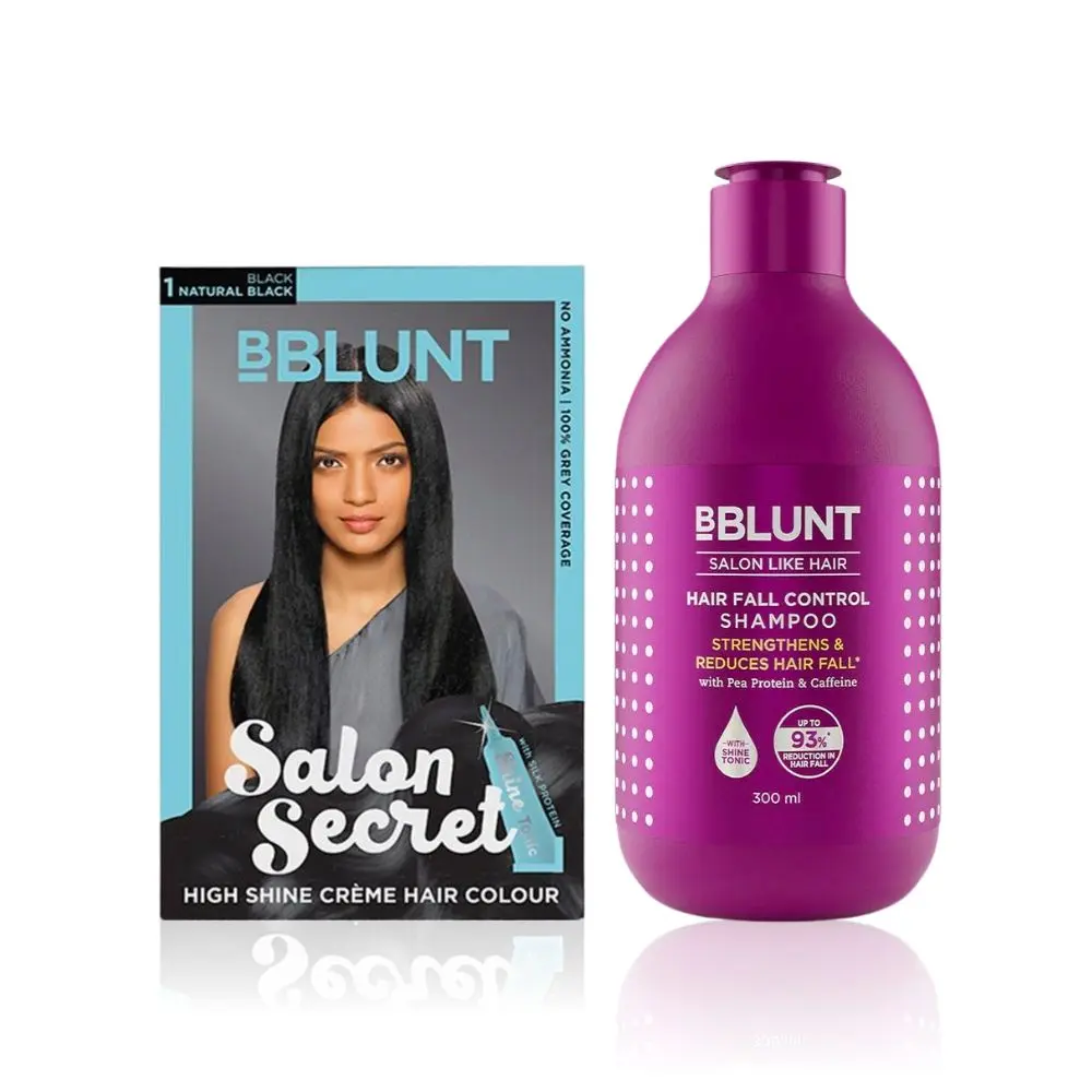 BBLUNT Salon Secret High Shine Creme Hair Colour Natural Black 1 (100 g) With Shine Tonic (8 ml) + BBLUNT Hair Fall Control Shampoo with Pea Protein & Caffeine for Stronger Hair (300 ml)