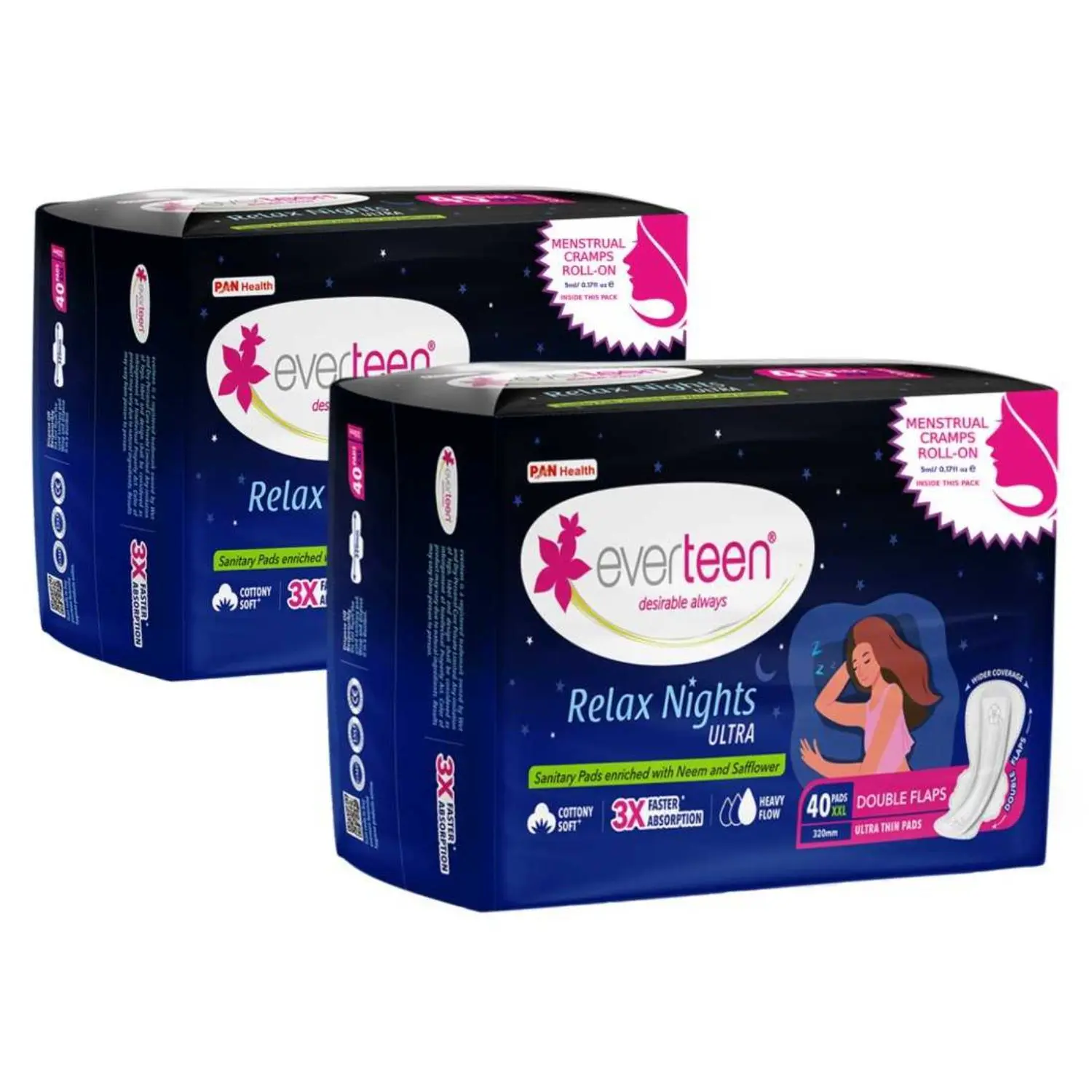 everteen XXL Relax Nights Ultra Thin 40 Sanitary Pads with Neem and Safflower, Menstrual Cramps Roll-On Inside Pack - 2 Packs (40 Pads Each, 320mm)