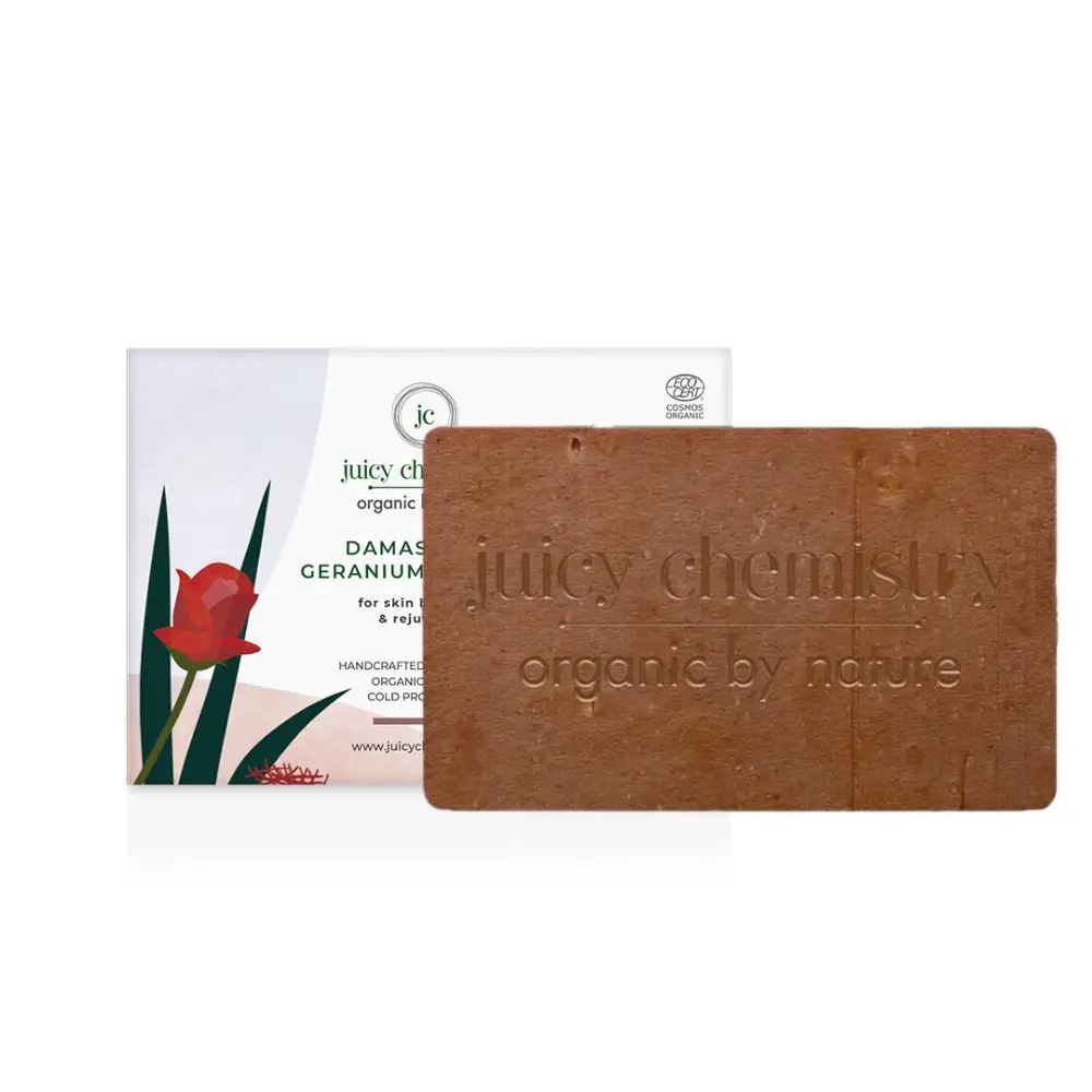 Juicy Chemistry Damask Rose, Geranium & Saffron Soap for Skin Glow & Brightness, 100 gms - Certified Organic Cold Processed Soap for Face & Body, Vegan & Cruelty free