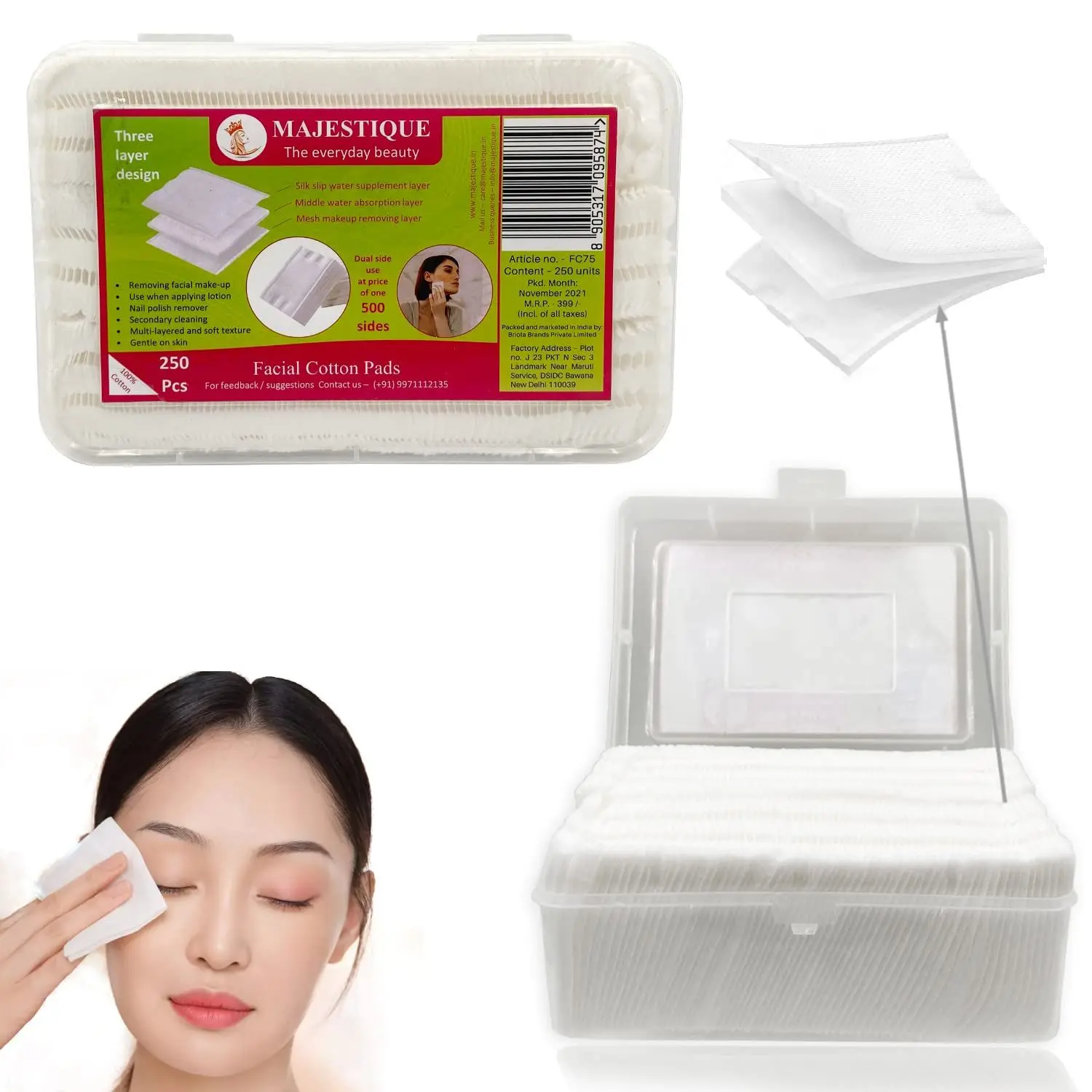 Majestique 250Pcs Soft Touch Facial Cotton Pads - Makeup Remover Wipes for Cleansing Skin & Nail Polish Remover