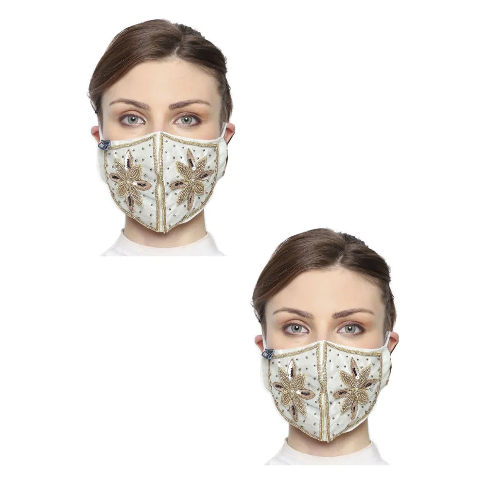 Anekaant Pack Of 2 White & Gold 3-Ply Art Silk Embellished Fabric Fashion Mask