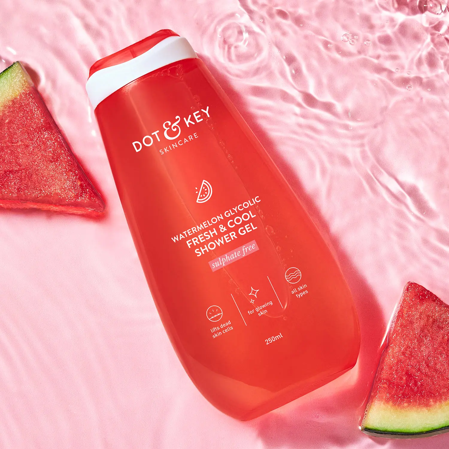 Dot & Key Watermelon Glycolic Fresh & Cool Shower Gel | Glow Body Wash with Watermelon, Glucolic Acid, Peach & Cucumber | Sulphate Free & Non drying Body Wash For All Skin Types | Provides Smooth & Luminous Skin | 250 ml