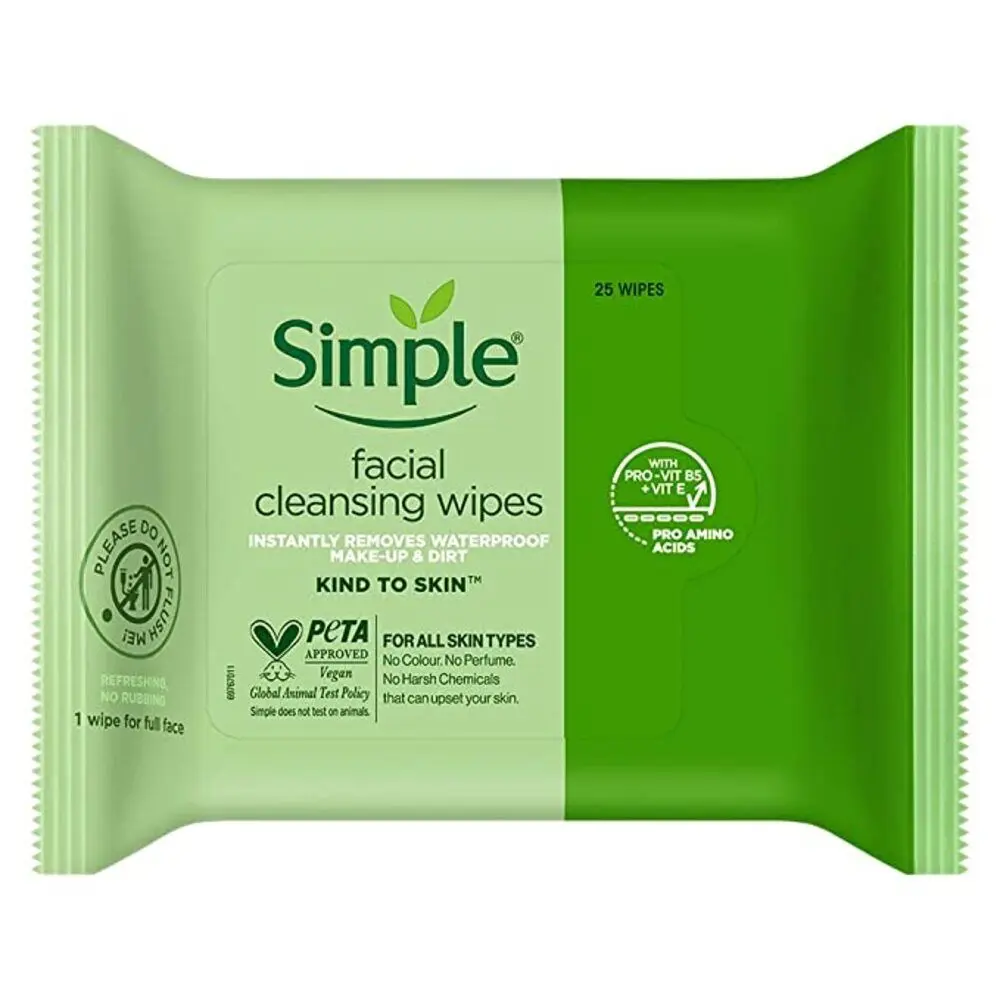 Simple Kind to Skin Cleansing Facial Wipes| Facial wipes for all skin type | No Added Perfume, No Harsh Chemicals, No Artificial Color and No Alcohol | 25 wipes