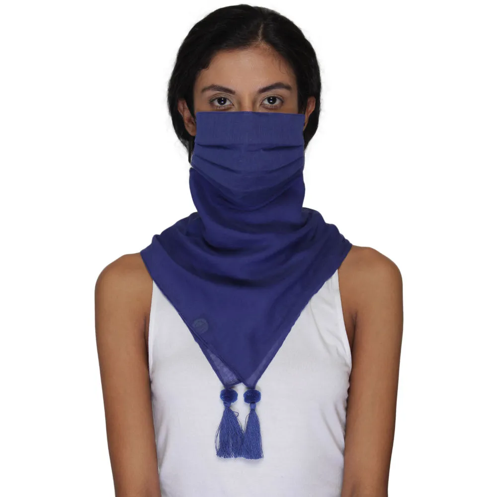 Anekaant 3-Ply Reusable Blue Solid Cotton Tesselled Scarf Style Fashion Mask