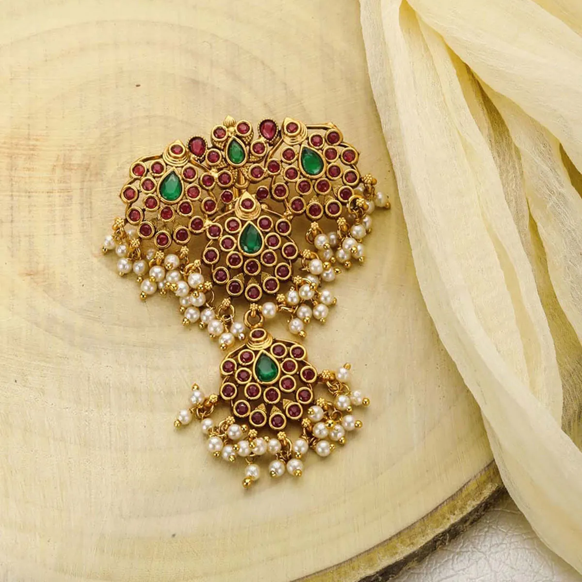 Priyaasi Gold Plated Ruby & Emerald Studded Bun Pin/Hair Accessory