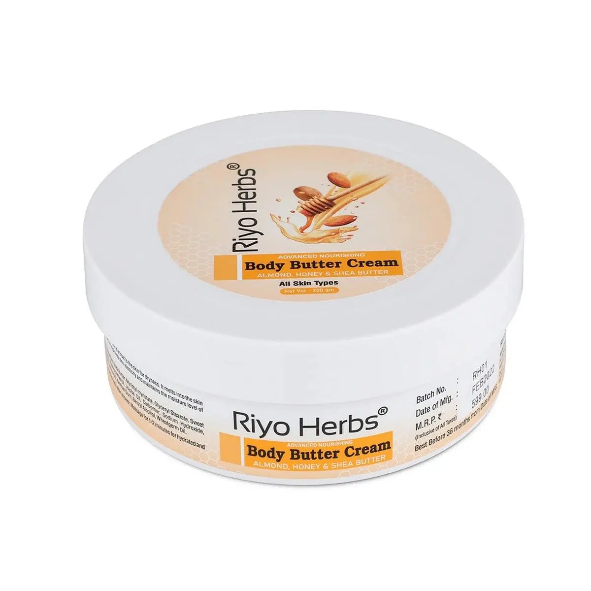 Riyo Herbs Body Butter Cream With Almond Oil & Honey for Moisturization of All Skin Types, 200gm