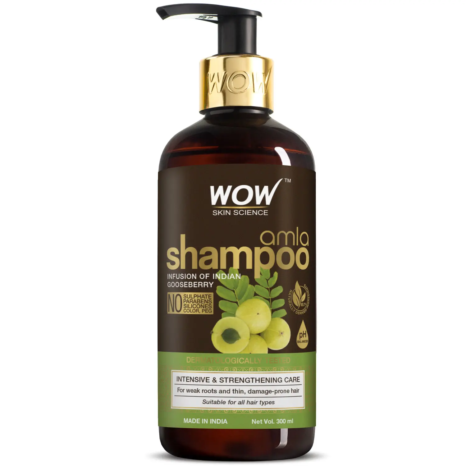 WOW Skin Science Amla Shampoo For Weak Hair - No Sulphate, Parabens, Silicones, Synthetic Color & PEG (300 ml)