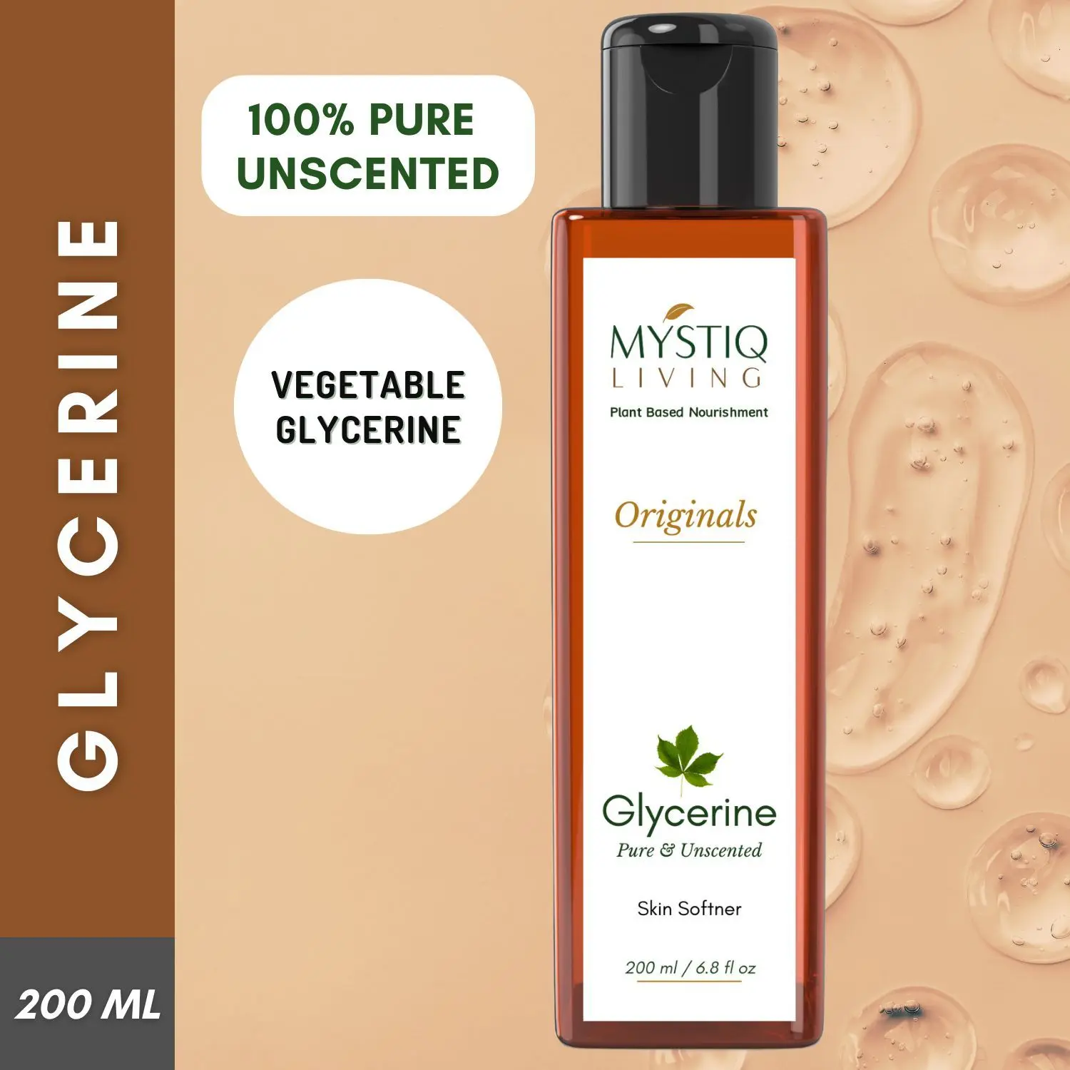 Mystiq Living 100% Pure Glycerine ( 200 ml ) Plant Based (Pure & Unscented) | For Face Skin & Body Care | Glycerine for Face | Glycerine Liquid | Silicon - Free, Paraben Free | Vegan | For Hair, Skin & Body Care