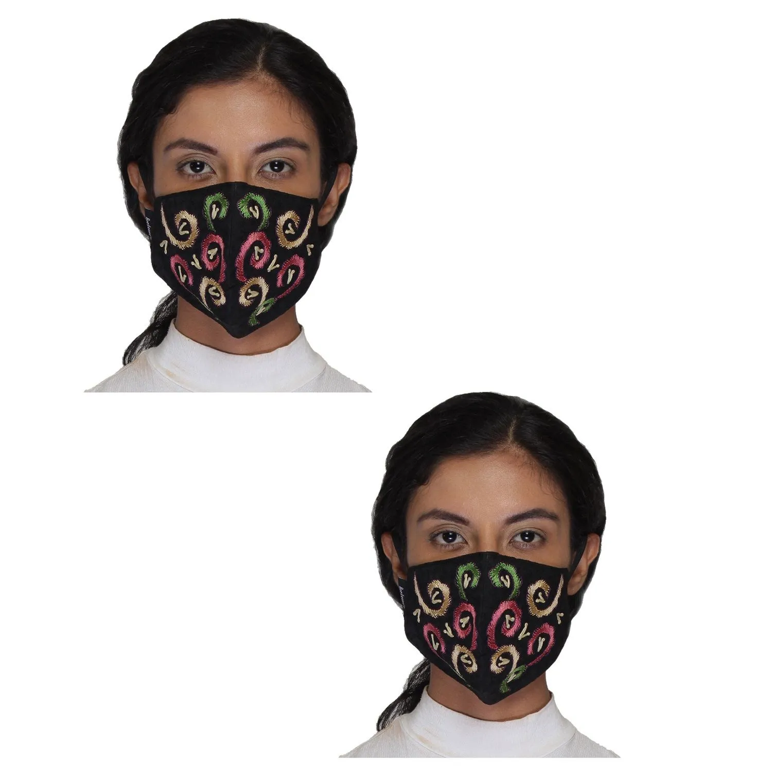 Anekaant Black & Multi Reusable 3-Ply Poly Cotton Embroidered Fabric Fashion Mask (Pack Of 2)