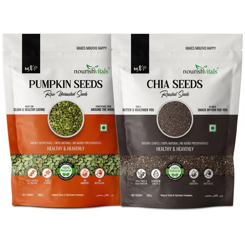 NourishVitals Healthy Munching Combo, Pumpkin Raw Unroasted Seeds + Chia Roasted Seeds