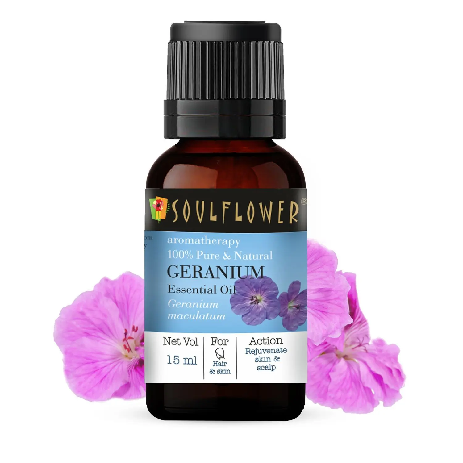 Soulflower Geranium Essential Oil for Hair Nourishment, Smooth Skin, Home Diffuser, Aromatherapy - 100% Pure, Natural & Undiluted Premium Essential Oil, Ecocert Cosmos Organic Certified 15ml