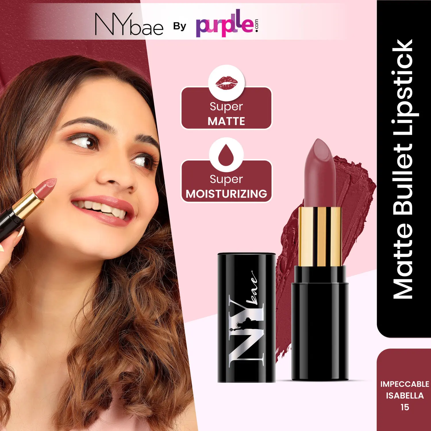 NY Bae Super Matte Lipstick - Impeccable Isabella 15 (4.2 g) | Nude Brown | Matte Finish | Enriched with Vitamin E | Rich Colour Payoff | Nourishing | Long lasting | Smudgeproof | Vegan | Cruelty & Paraben Free