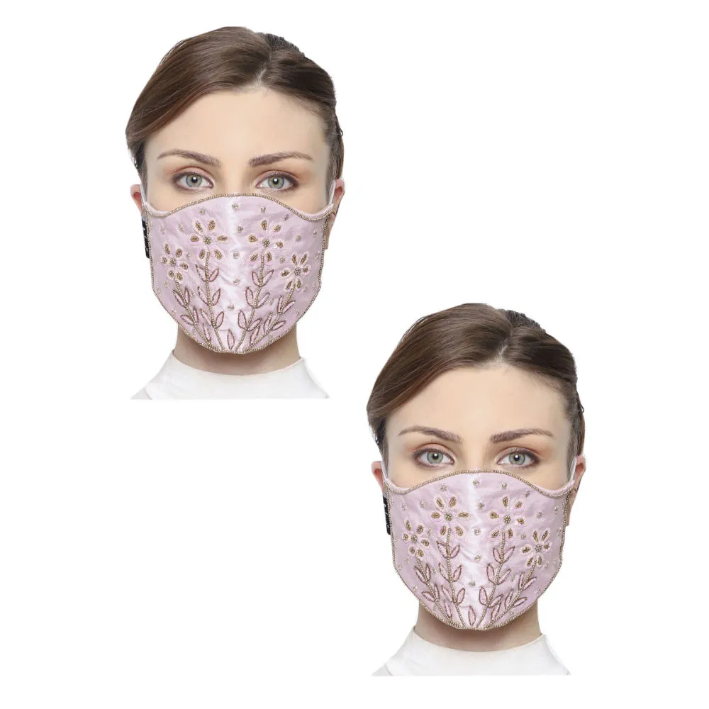 Anekaant Pack Of 2 Baby Pink & Gold 3-Ply Art Silk Embellished Fabric Fashion Mask