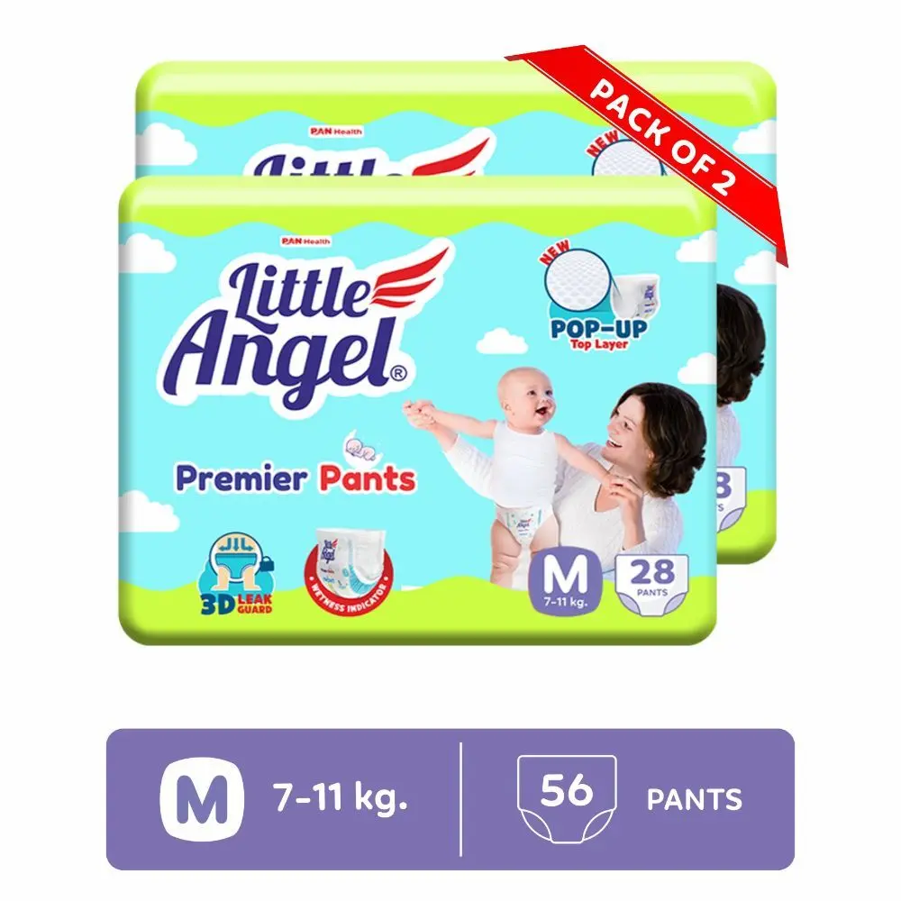 Little Angel Premier Pants Baby Diapers, Medium (M) Size, 56 Count, Cottony Soft Material, Breathable, Extra Dry Core, Stretchable Sides, Pack of 2, 28 count/pack, 7-11 kgs