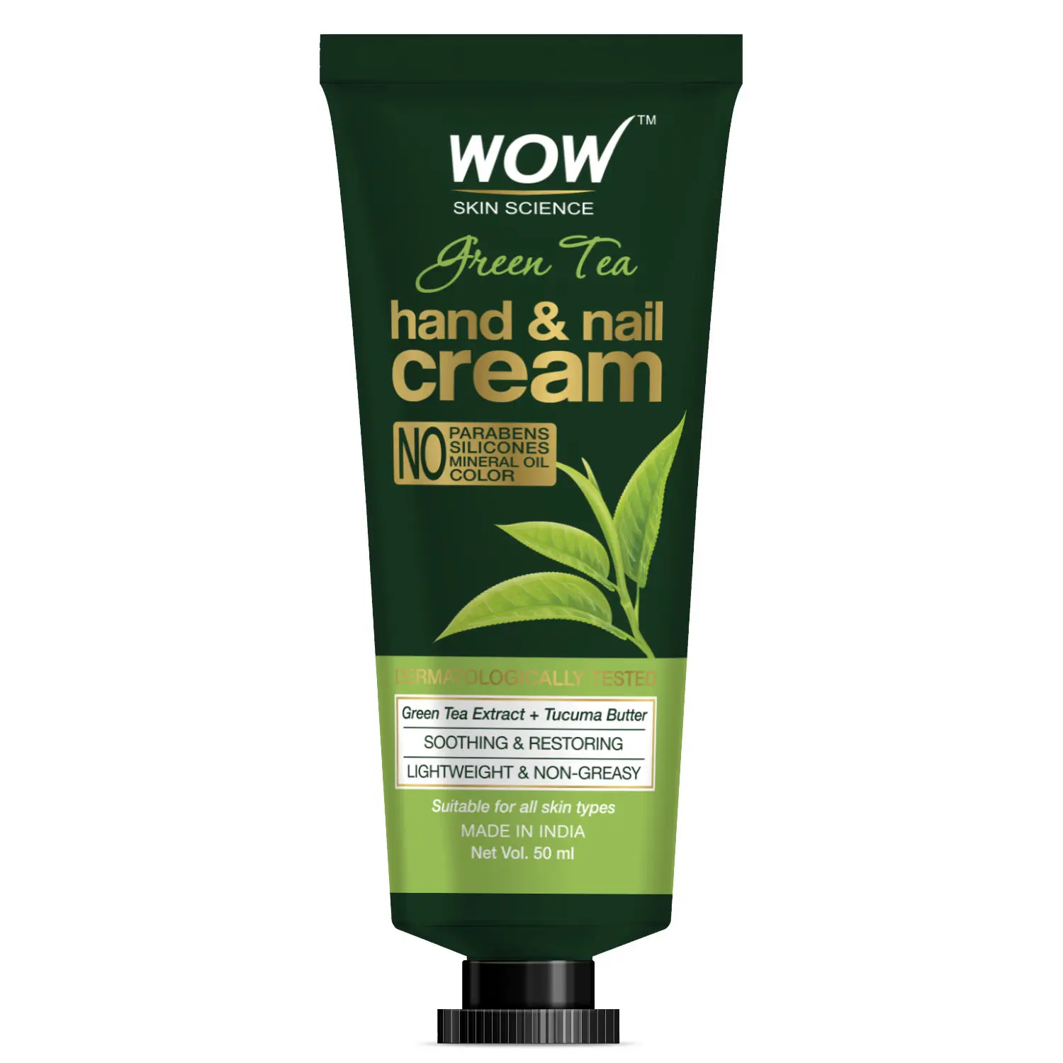 WOW Skin Science Green Tea Hand & Nail Cream - Soothing & Restoring - Lightweight & Non-Greasy - Quick Absorb - for All Skin Types - No Parabens, Silicones, Mineral Oil & Color - 50mL