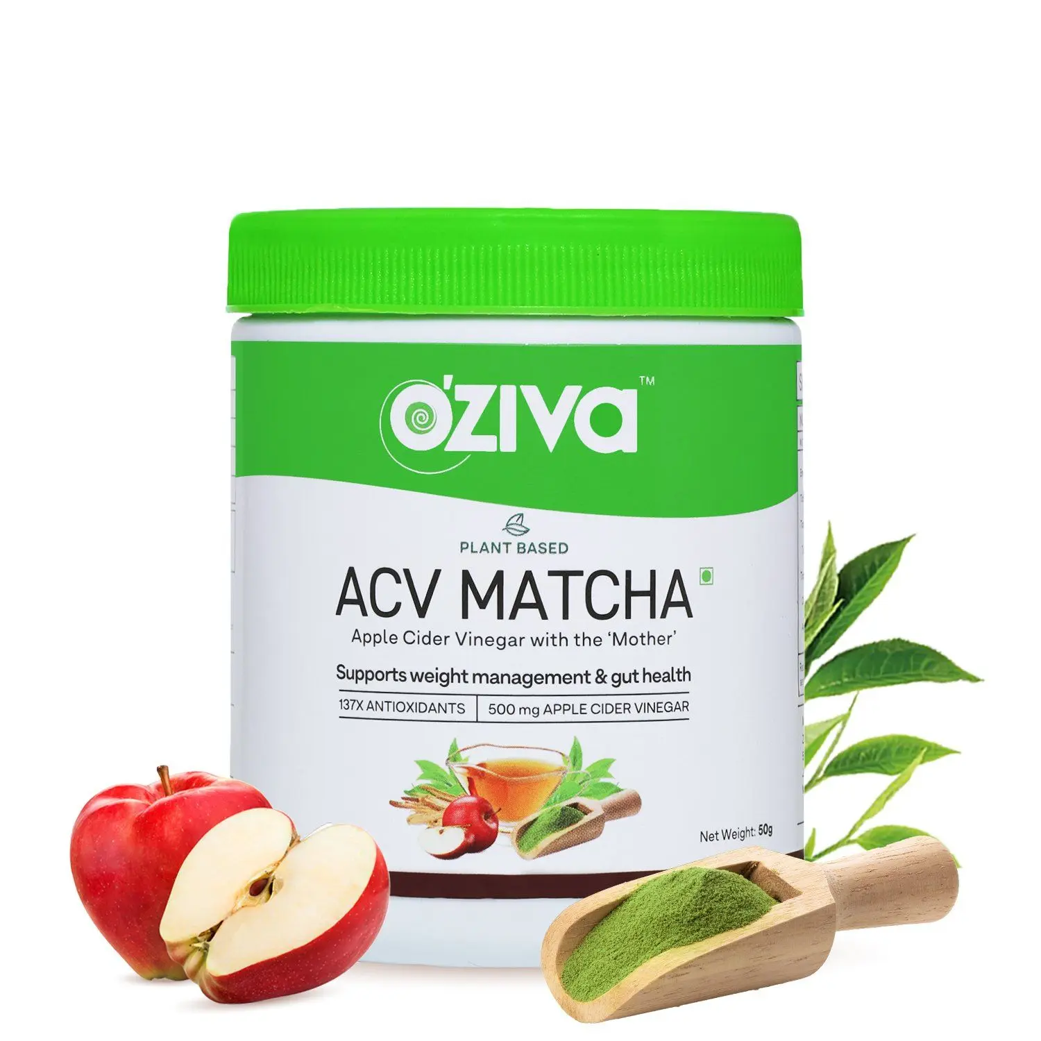 OZiva Plant Based ACV Matcha (Apple Cider Vinegar with the Mother and Matcha Tea) for Weight Management, Metabolism & Gut Health