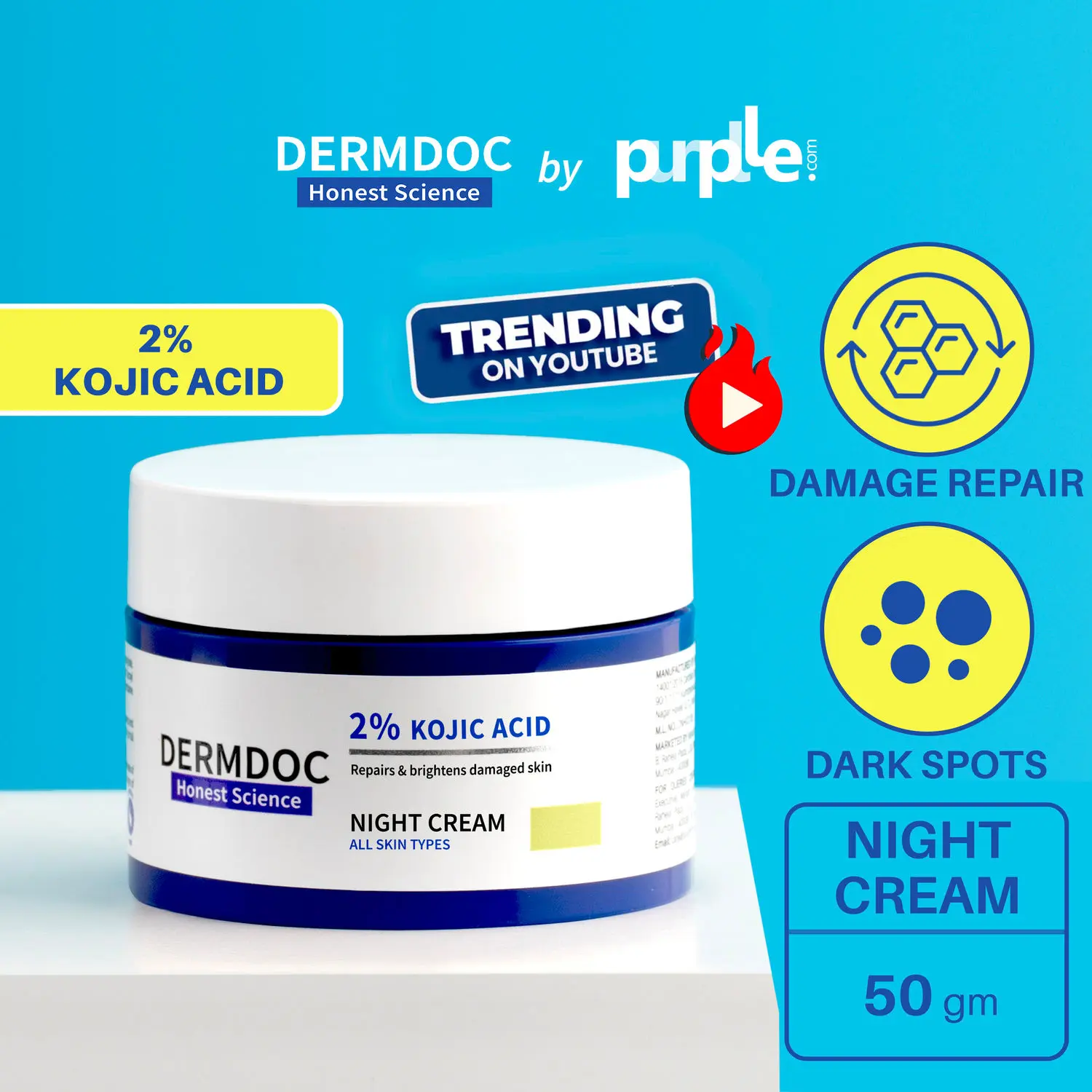 DERMDOC by Purplle 2% Kojic Acid Night Cream (50g) | kojic acid cream for hyperpigmentation | kojic acid for dark spots | skin whitening | kojic acid brightening cream | pigmentation on face