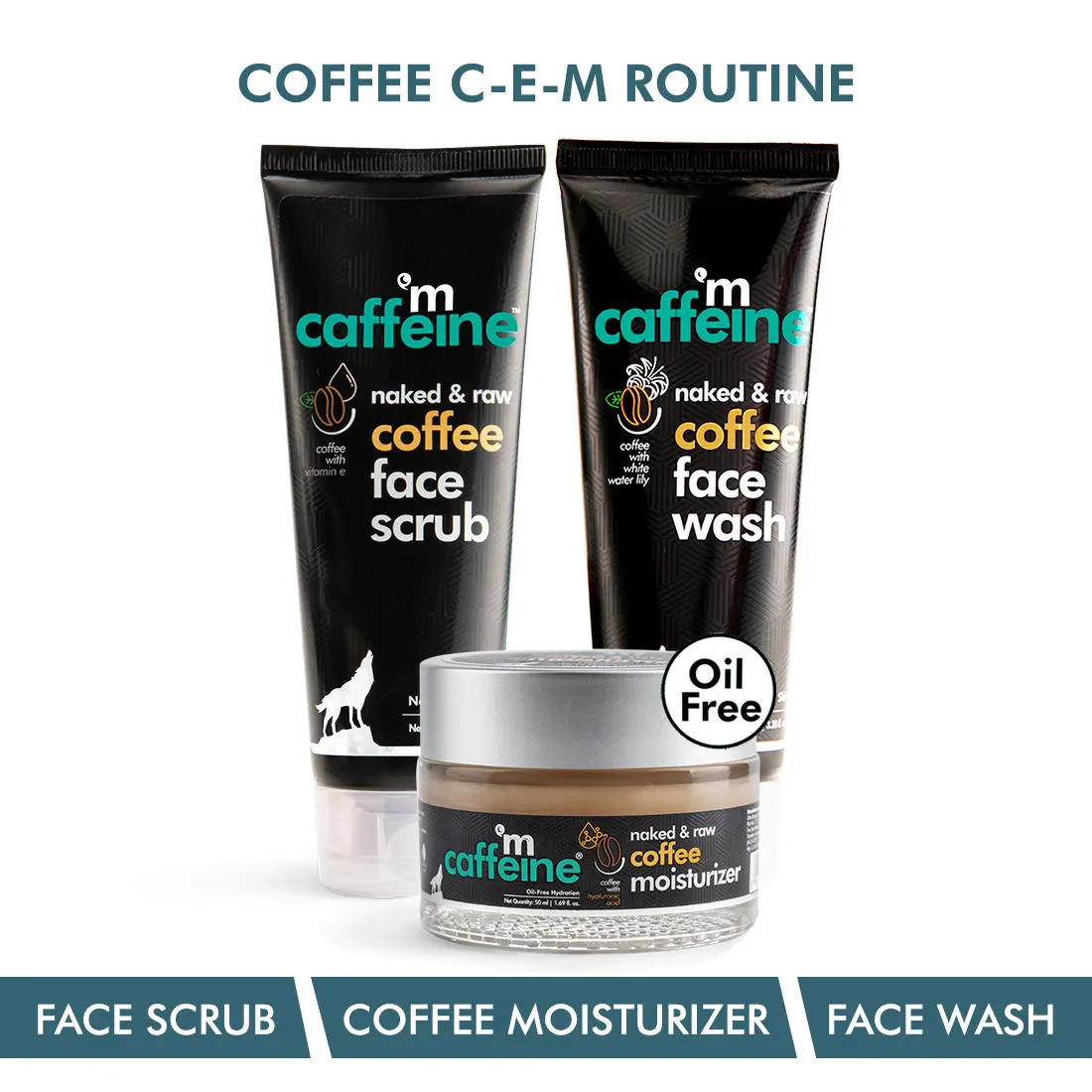 mCaffeine Coffee C-E-M Routine | Face Wash, Face Scrub & Moisturizer for Deep Cleansing, Exfoliation and Oil-Free Moisturization | Cruelty-Free & Vegan | For Men & Women 250 gm