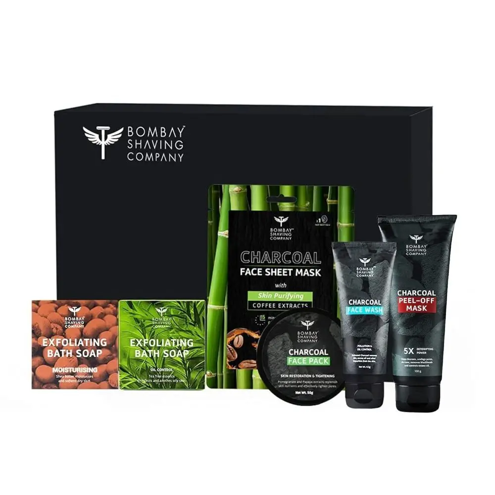 Bombay Shaving Company Bath & Skin glow Kit with Face Cleanser, Face Moisturiser, Charcoal Sheet Mask, Exfoliating Bath Soaps & Charcoal Face Pack 500 gm