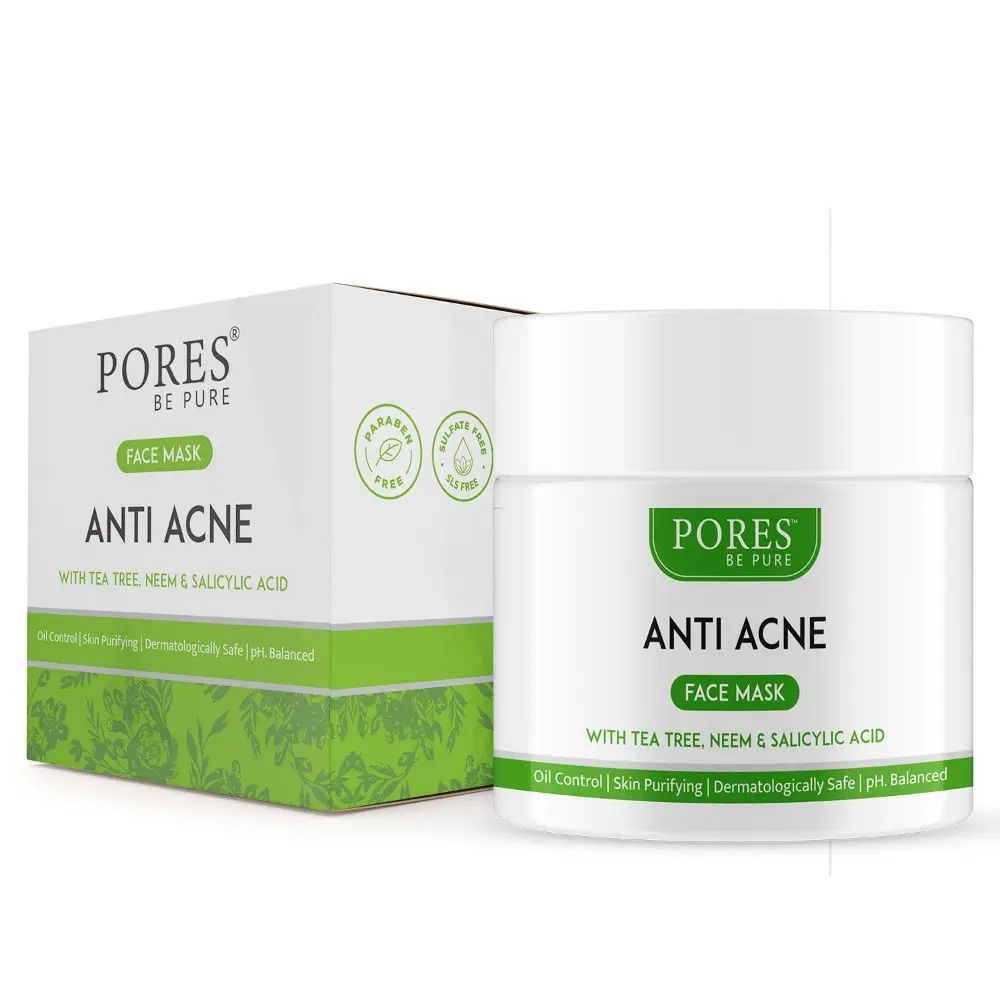 Pores Be Pure Anti Acne Neem & Tea Tree Clay Face Mask With Salicylic Acid for Oil Control & Refining Acne Prone Skin - No Parabens, Sulphate - 100 G