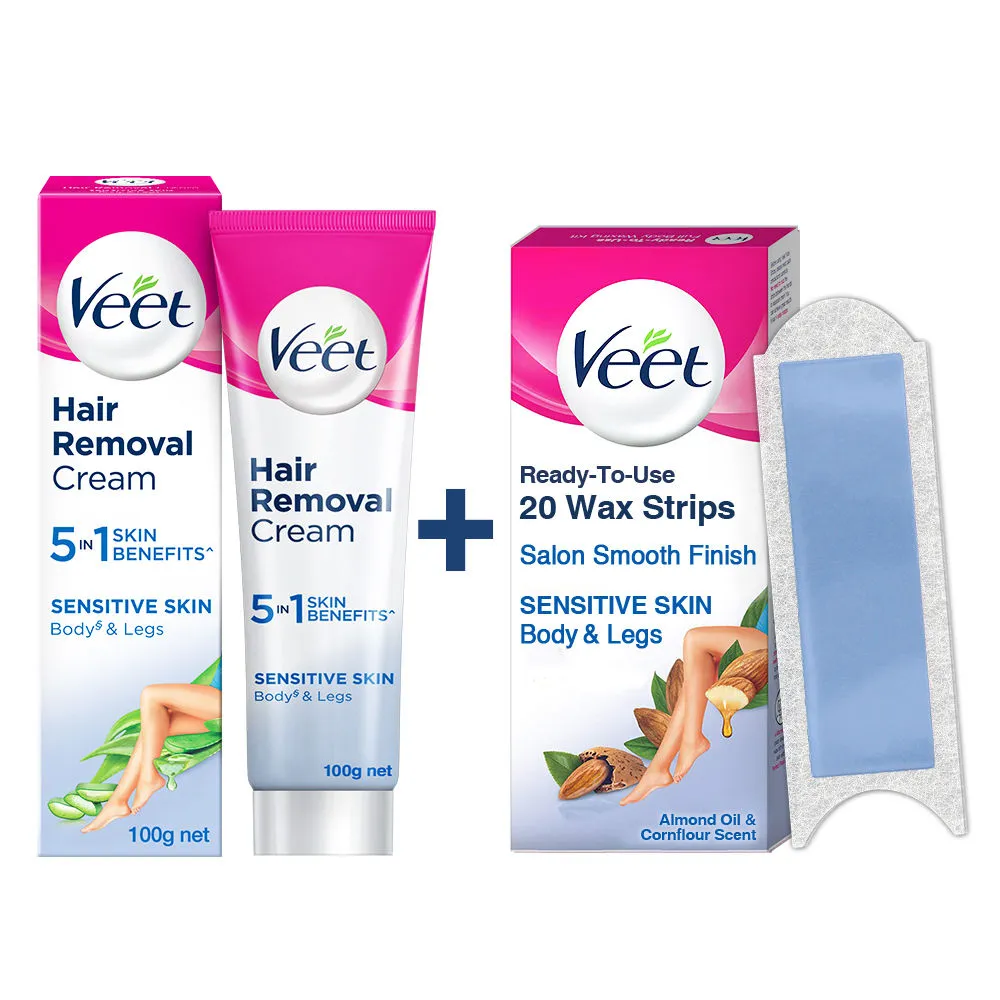 Veet Hair Removal Kit for Sensitive Skin - 20 Strips Arms/Legs + Cream