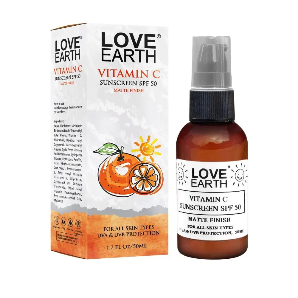 Love Earth Vitamin C Sunscreen SPF-50 For Sun's UVA, UVB Ray Protection With Vitamin C & Essential Oils For All Skin Types 50ml