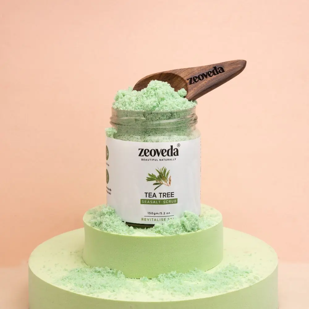 Zeoveda Organic Sea Salt Face & Body Scrub with Tea Tree Oil For Deep Exfoliation | Removes Dead Skin Cells and Repair Acne-prone Skin | For Men and Women | Suitable for all Skin Type - 150 Gm.