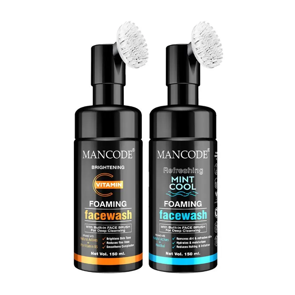 Mancode Brightening Vitamin C & Refreshing Mint Cool Foaming Facewash (With Bult-in Brush),150ml Each (Pack of 2)