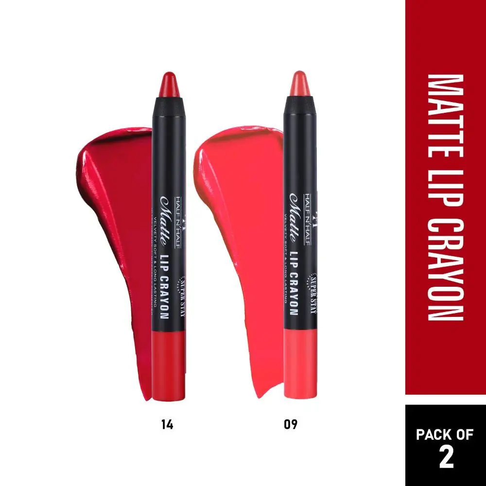 Half N Half Matte Lip Crayon Velvet Soft & Long Lasting, 24h Super Stay, On Fire & Pink Fusion, PO2 (10.5gm)