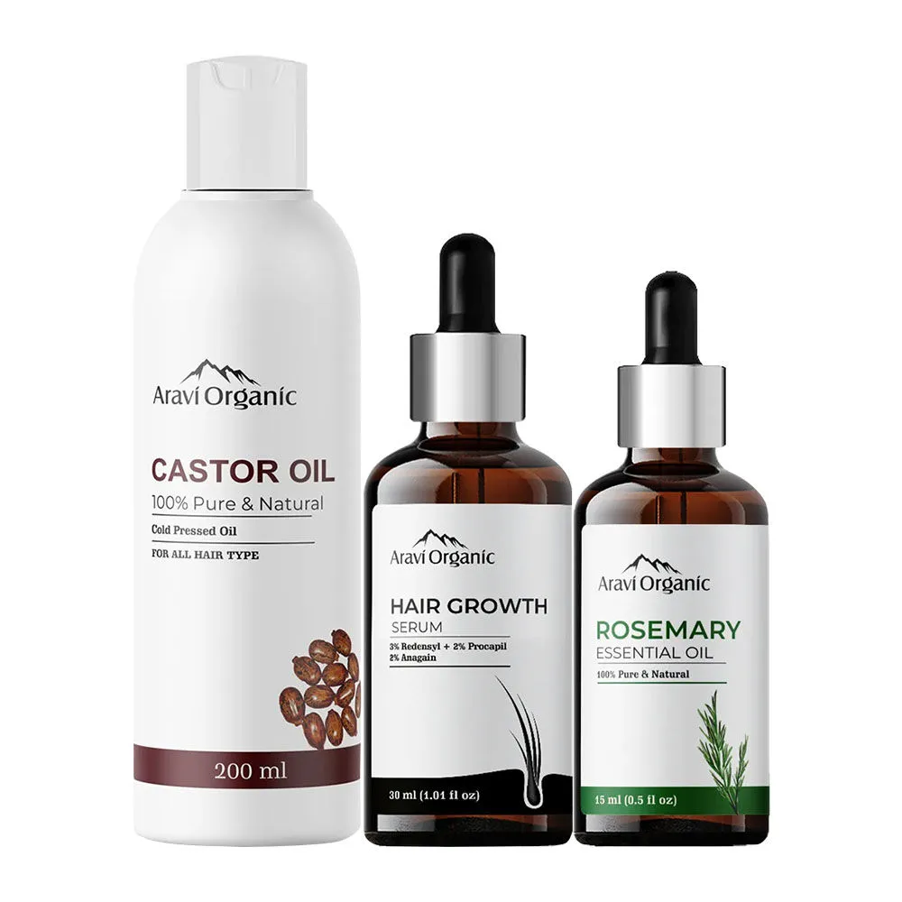 Aravi Organic Cold Pressed Castor Carrier Oil, Hair Growth Serum & Rosemary Essential Oil Combo