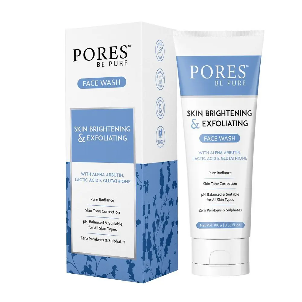 PORES Be Pure Skin Brightening & Exfoliating Face Wash With Alpha Arbutin, Lactic Acid & Glutathione Face Wash For All Skin Types - 100 G