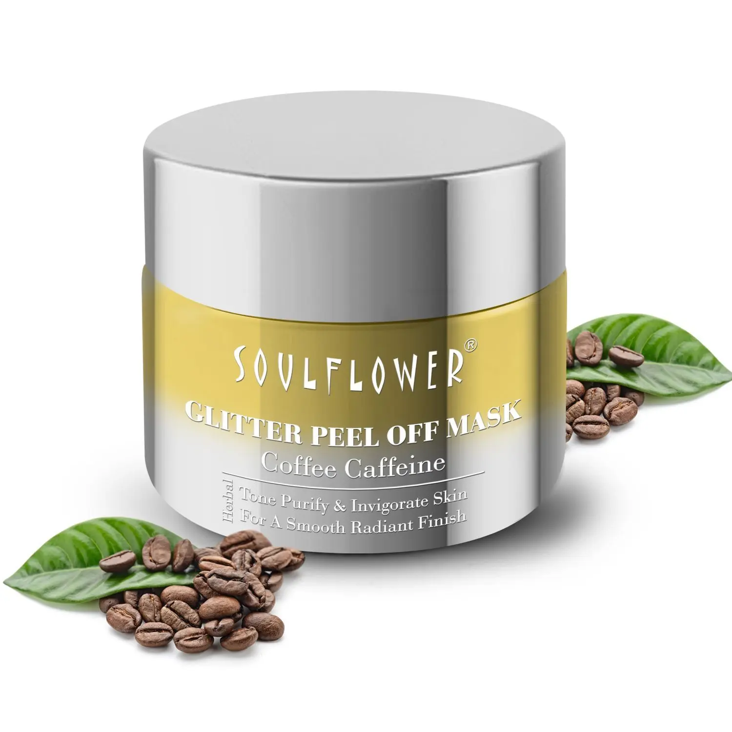 Soulflower Herbal Glitter Peel Off Mask with Coffee Caffeine Tone Purify & Invigorate Skin, For a Smooth Radiant Finish, 100g