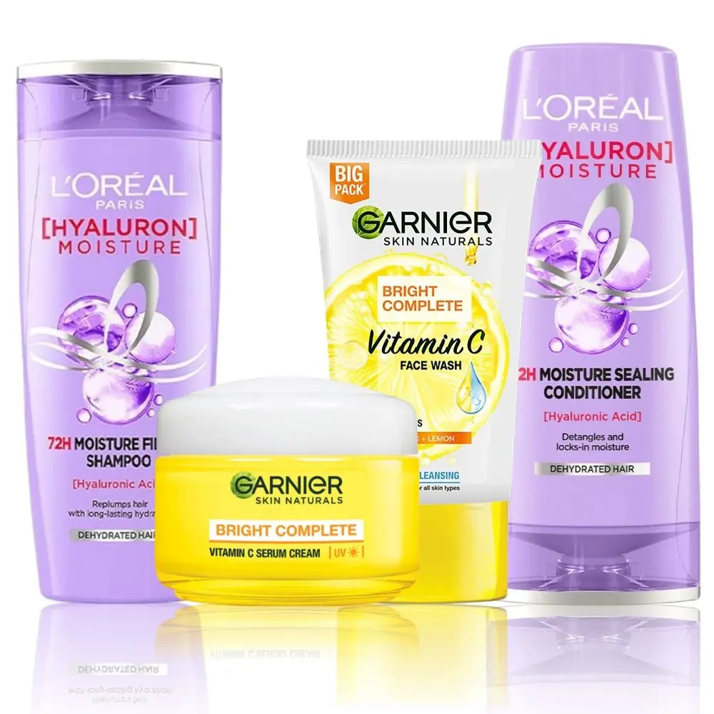 Garnier and L'Oreal Paris Daily Essentials (Garnier VITAMIN C Facewash (150 g) + Garnier VITAMIN C Serum Cream UV (45 g) + L'Oreal Paris Hyaluron Moisture Shampoo (180ml) + L'Oreal Paris Hyaluron Moisture Conditioner (180ml))