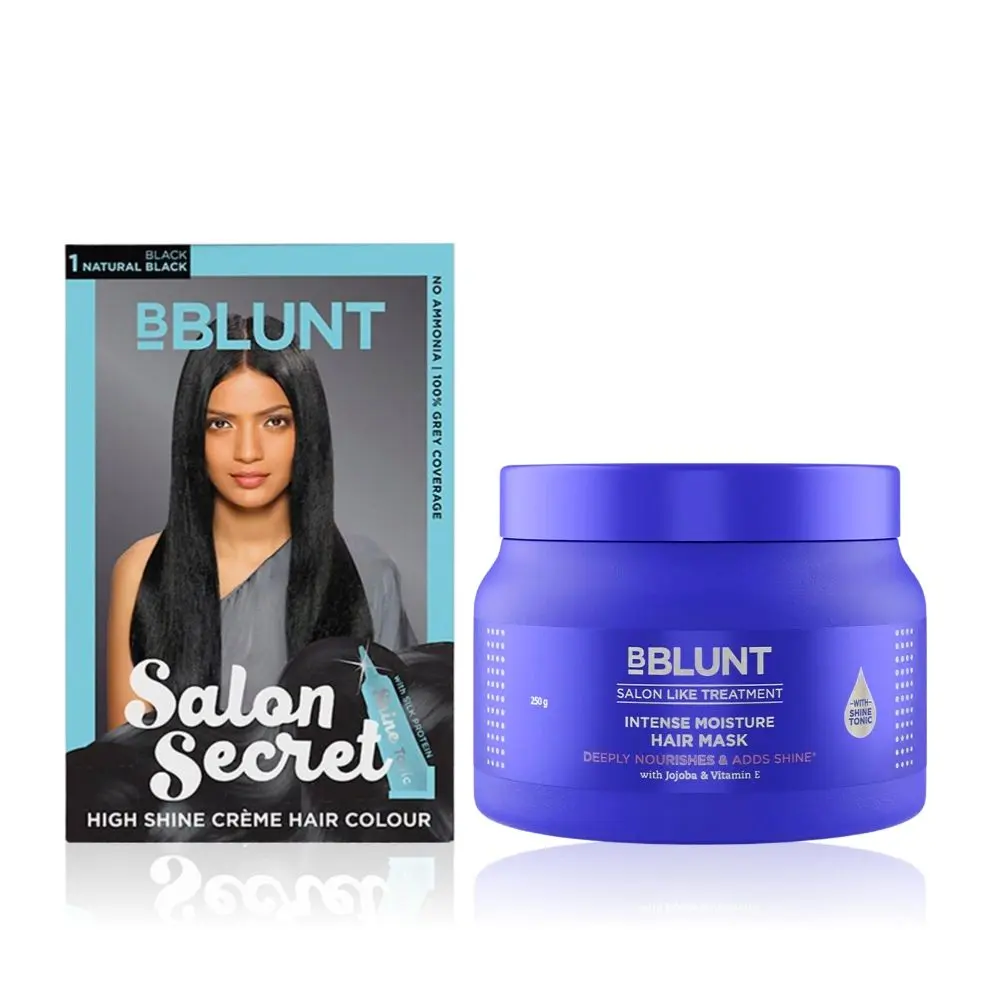 BBLUNT Salon Secret High Shine Creme Hair Colour Natural Black 1 (100 g) With Shine Tonic (8 ml)+Intense Moisture Hair Mask with Jojoba Oil & Vitamin E for Nourished & Shiny Hair - 250 g