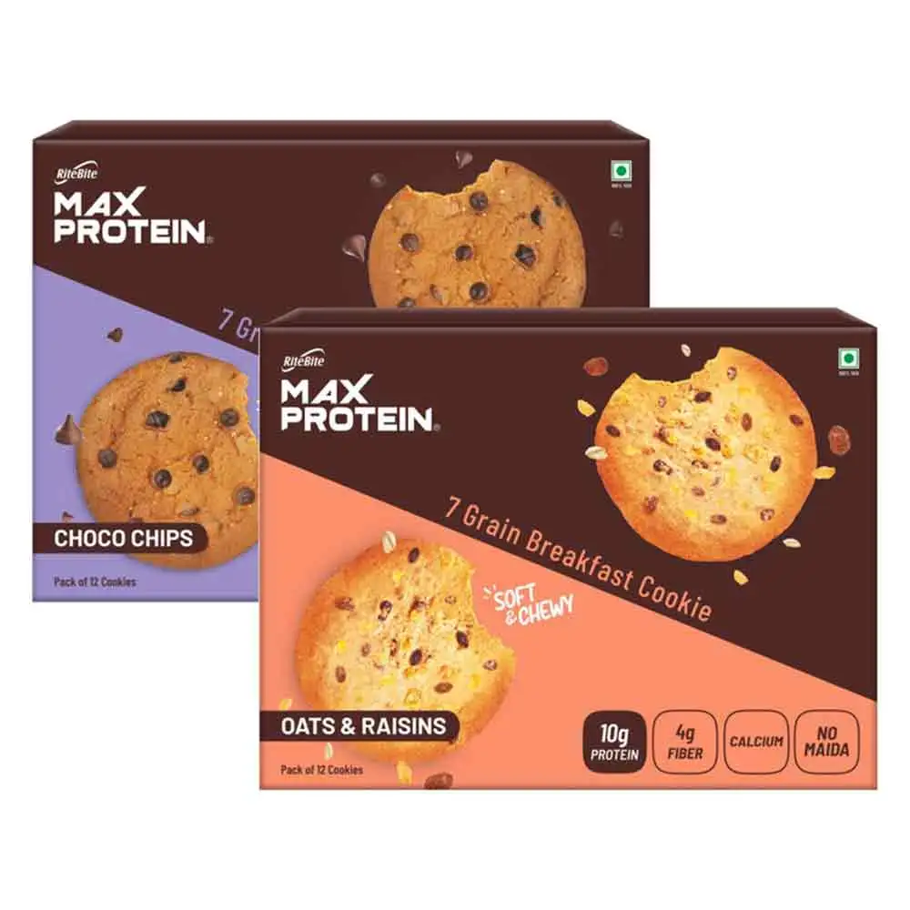 RiteBite Max Protein Cookies,  12 Piece(s)/Pack  Choco Chips+Oats & Raisins Pack of 12