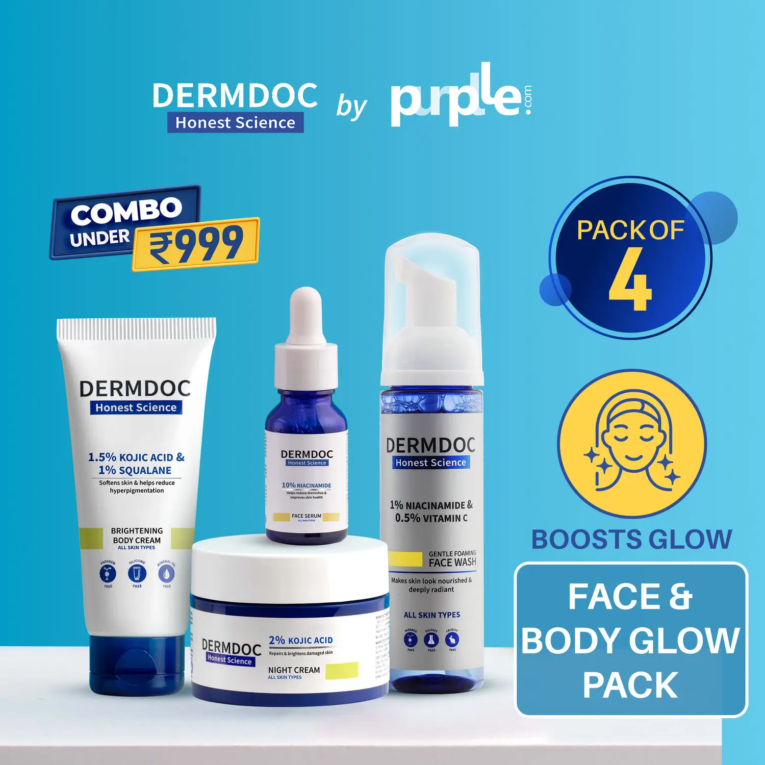 DERMDOC Combo Kit for Face & Body Glow | niacinamide serum, brightening face wash, brightening body cream, kojic acid night cream | pack of 4 | festive glow kit