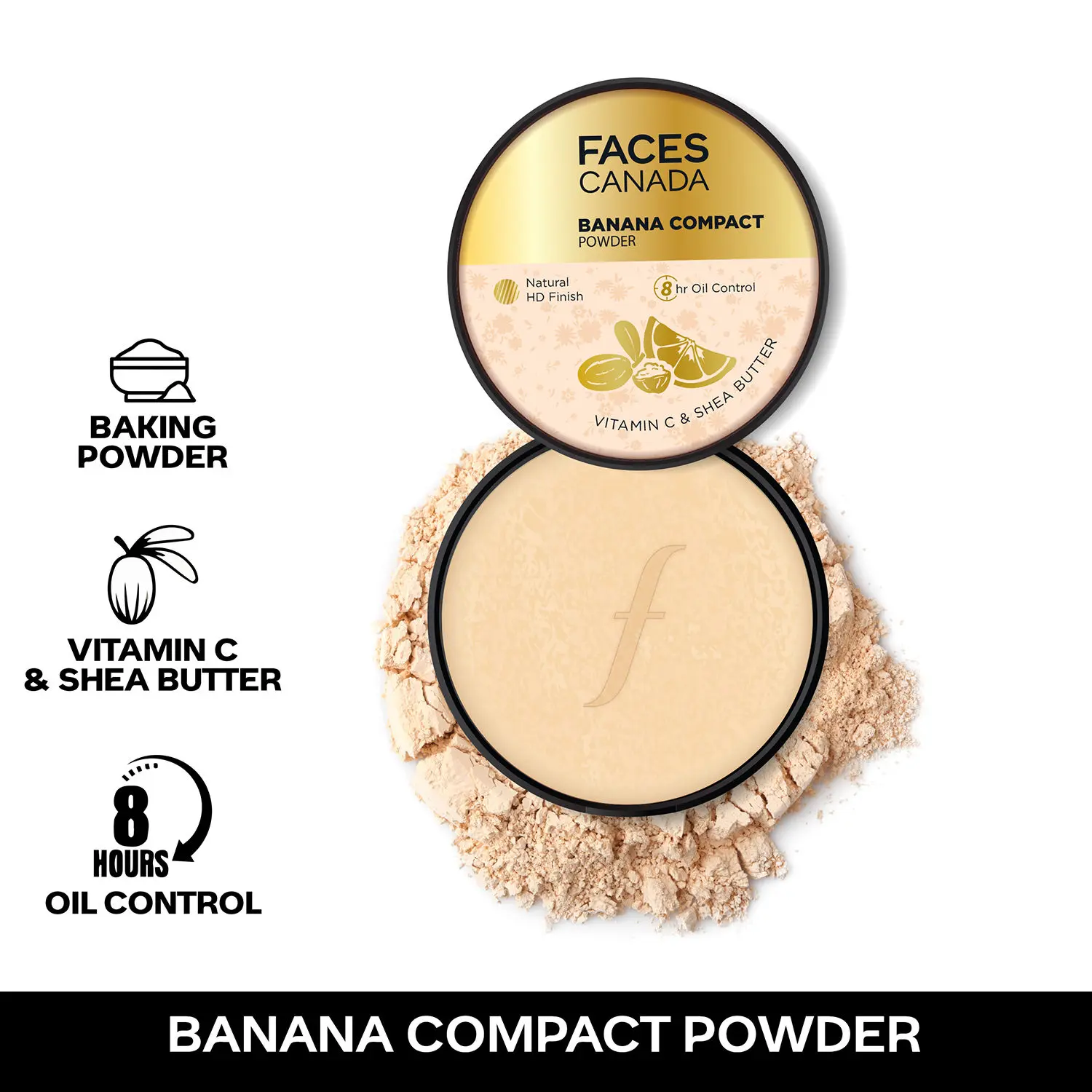 FACESCANADA Banana Compact Powder I Baking Powder | Vitamin C I Shea Butter I Soft-Matte I Complexion Enhancer I 8HR Oil Control I HD Finish I High Coverage I Lightweight I Paraben-free I Vegan 9g