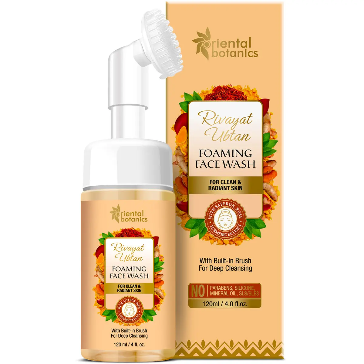 Oriental Botanics Rivayat Ubtan Foaming Face Wash with Built-in Brush, For Clear And Radiant Skin - With Saffron, Rose And Turmeric Extract (120 ml)