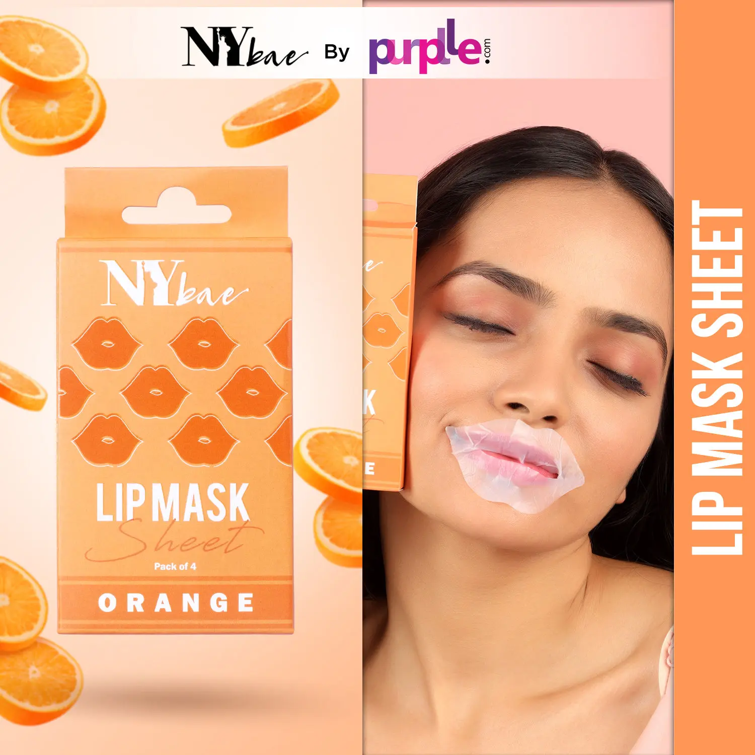 NY Bae Lip Mask Sheet - Pack Of 4 | De-Pigmentation | 95 % Natural Ingredients | Instant Hydration | Bio Cellulose Mask | Alcohol Free - Orange