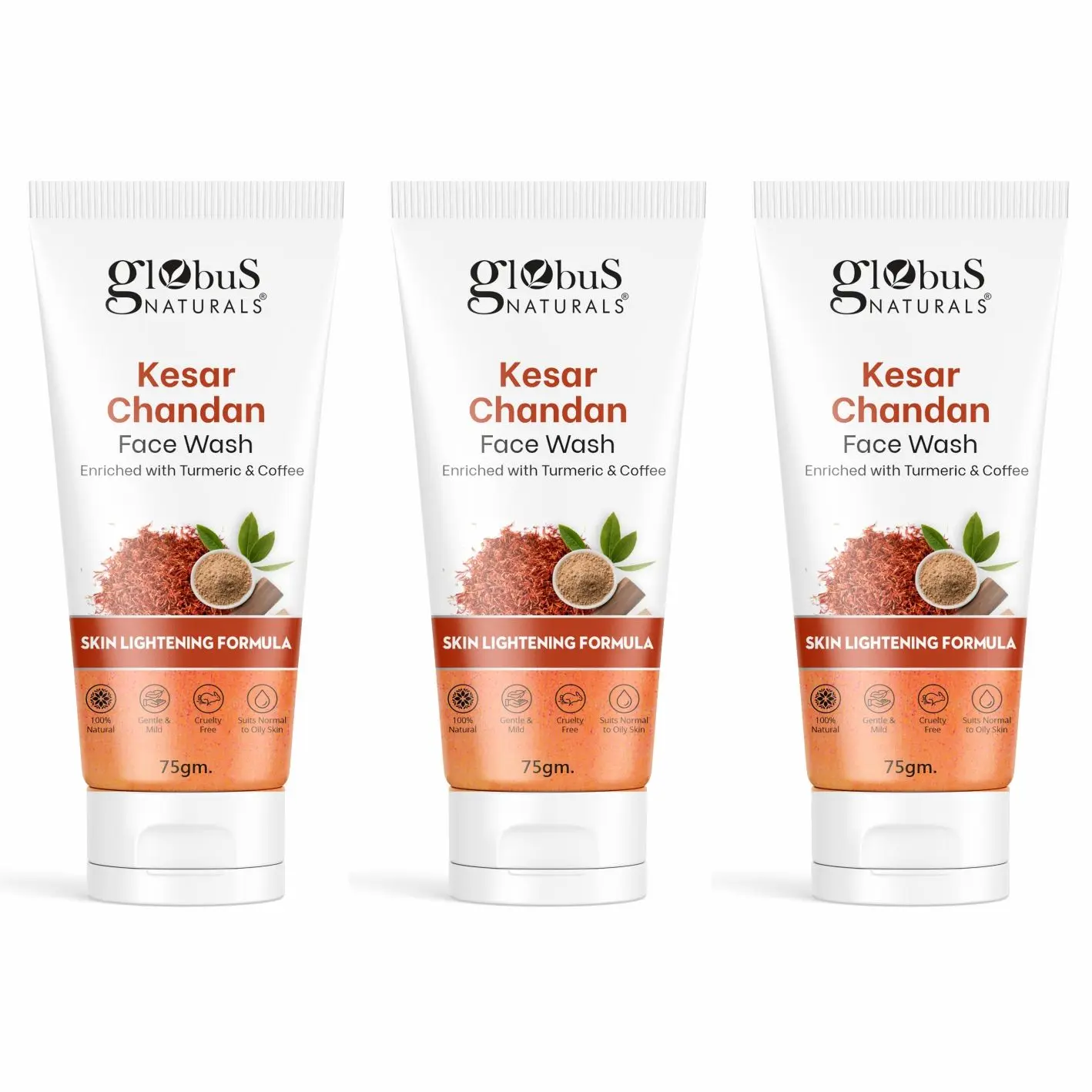 Globus Naturals Kesar Chandan Face Wash Enriched With Turmeric & Coffee, for Skin Lightening 75gm Pack of 3