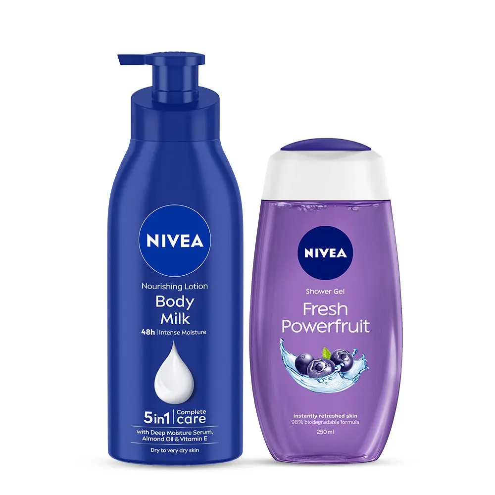 Nivea Nourishing lotion Body Milk (400 ml) Nivea Powerfruit Fresh Shower Gel (250 ml) (Pack of 2)