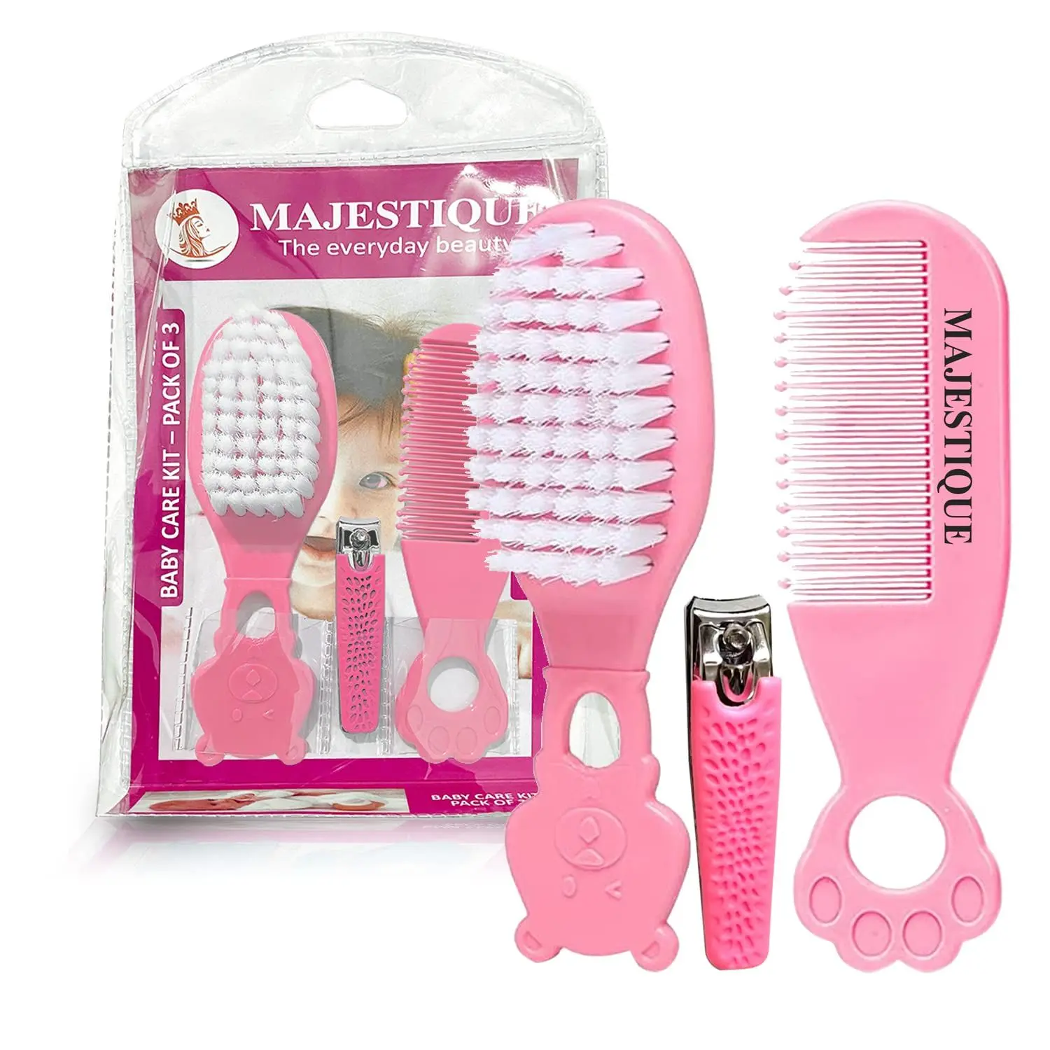 Majestique Baby Grooming Set - Baby Hair Brush, Comb and Nail Cutter Set for Newborns & Toddlers - Pink