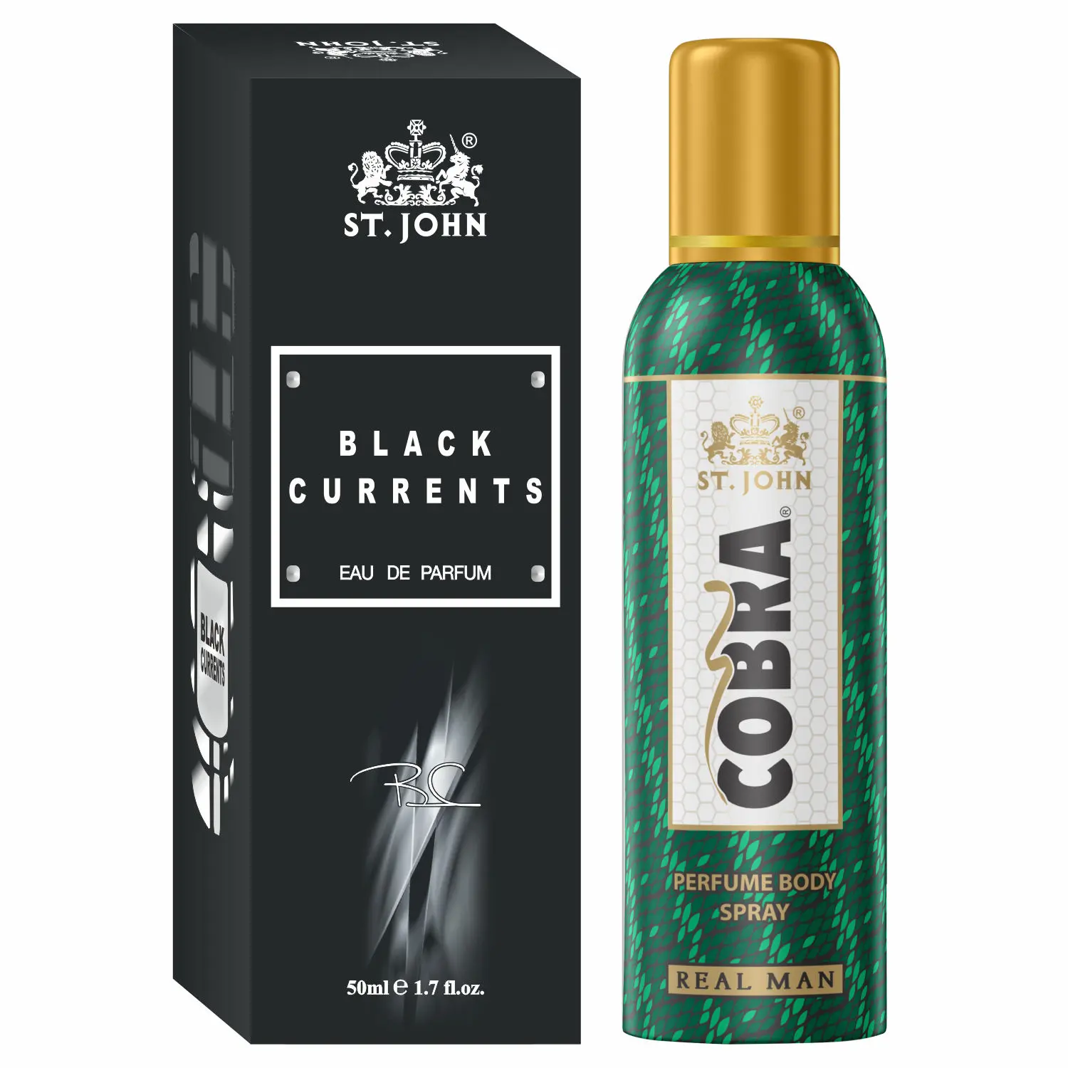 ST-JOHN Cobra Deodrant No Gas Real Man 100ml & Black Current 50ml Perfume Combo Pack Perfume Body Spray - For Men & Women (150 ml, Pack of 2)