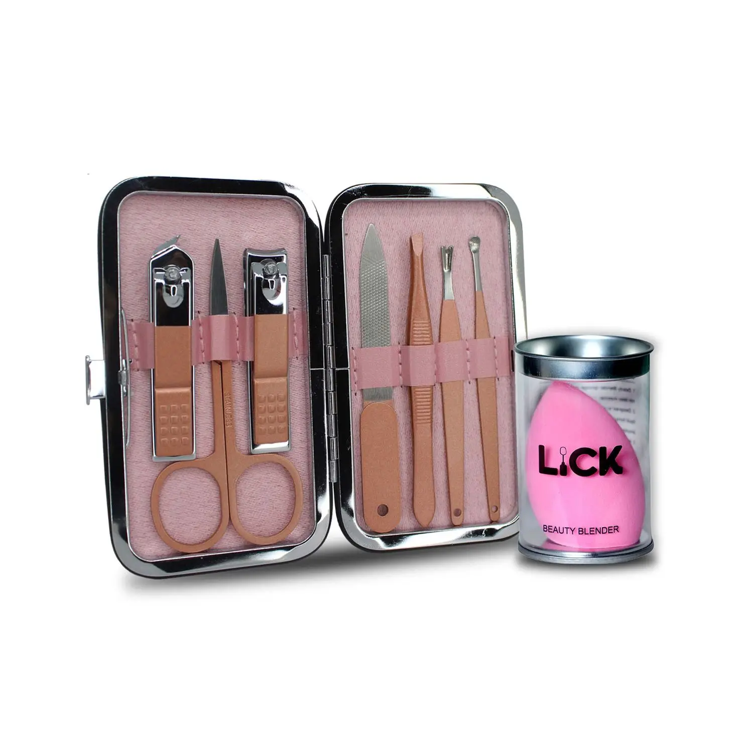 Lick Combo Set of 7 in 1 Rose Gold Manicure Pedicure Kit & 1 Pink Beauty Blender